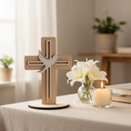 Small Wooden Cross with White Dove on Stand – Elegant Christian Home Décor