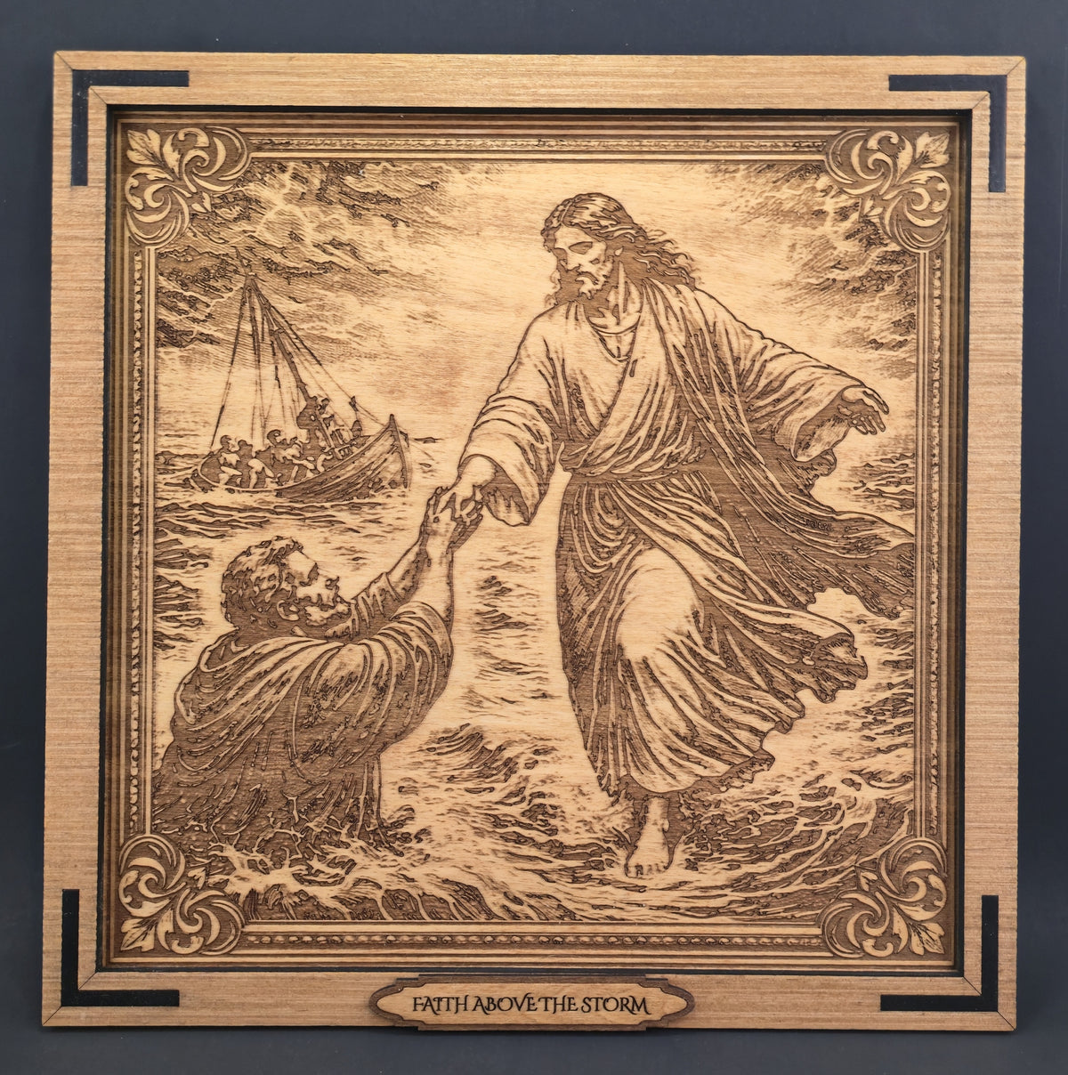 Faith Above The Storm – 3D Christian Engraved Wood Wall Art – 11.25" x 11.25" Faith-Based Art – Kindred Oak Creations Original