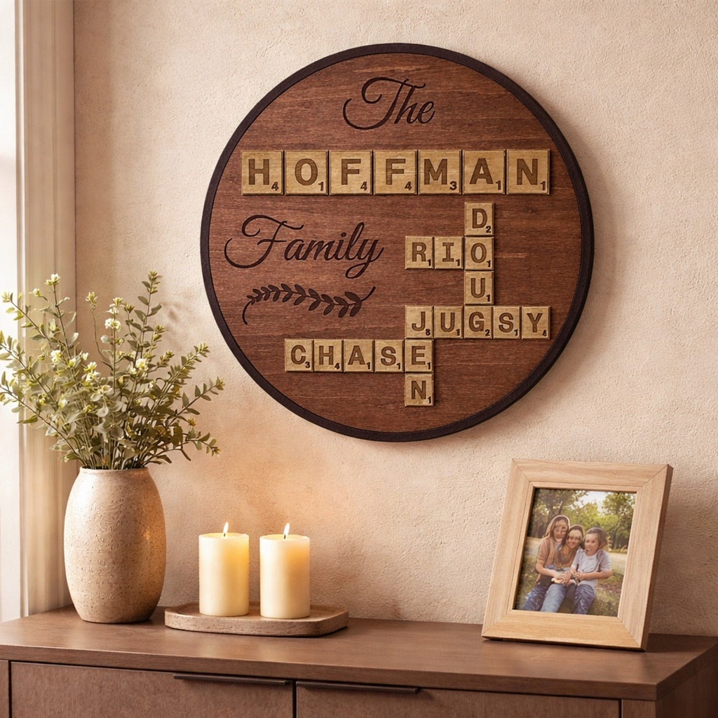 Personalized Family Scrabble Board Sign – Custom 10" Round Family Name Wall Decor