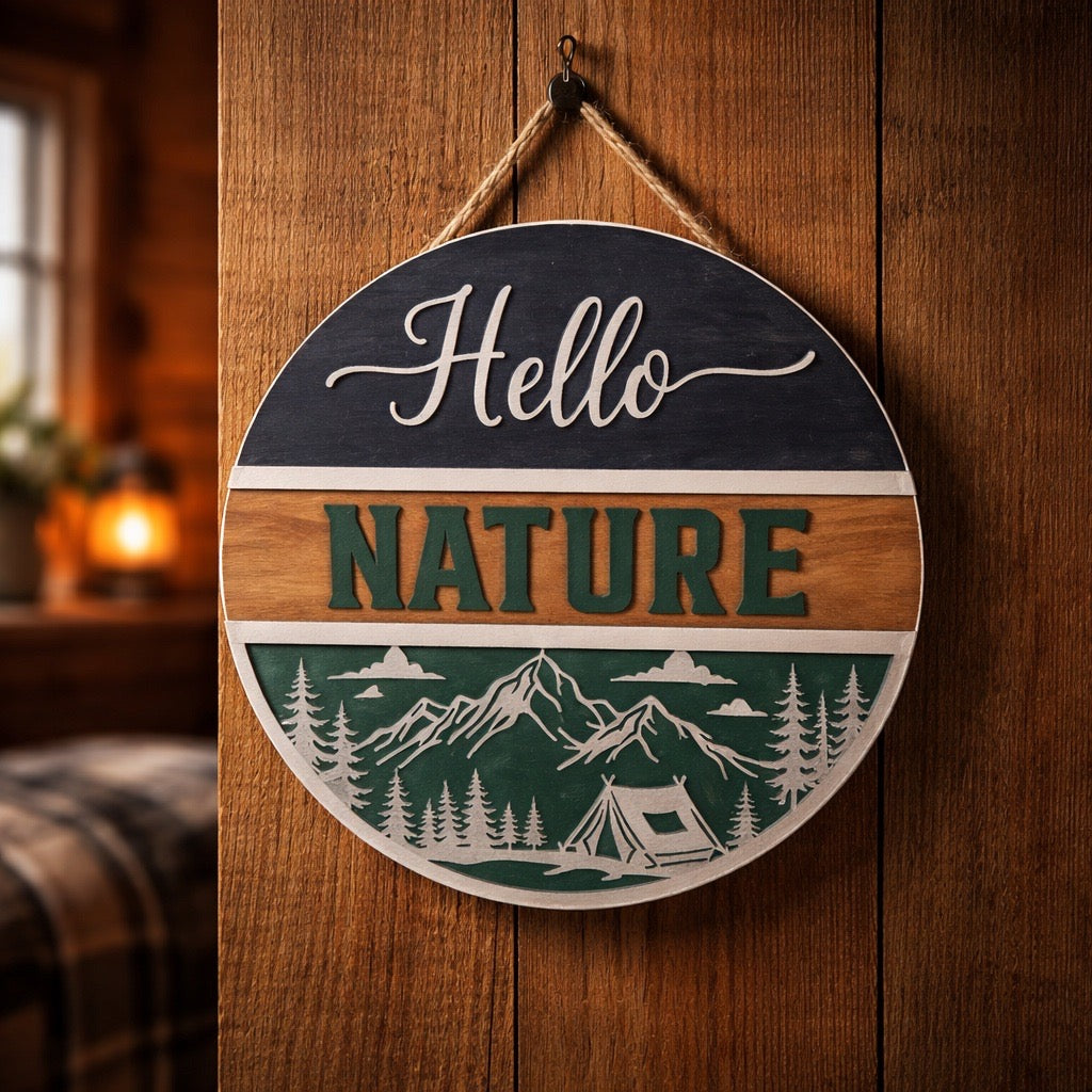 Hello Nature 3D Wooden Sign – Rustic Cabin Wall Decor & Mountain Home Accent