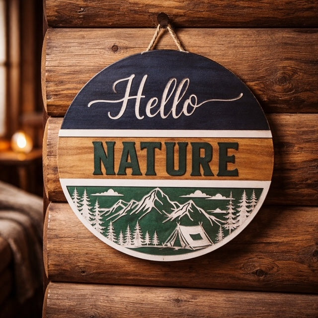 Hello Nature 3D Wooden Sign – Rustic Cabin Wall Decor & Mountain Home Accent