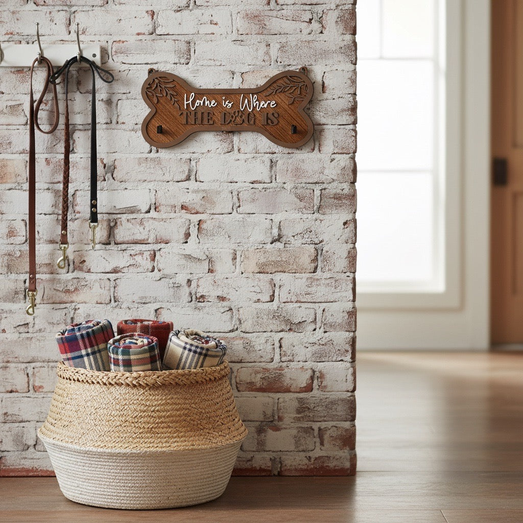 “Home Is Where the Dog Is” Bone Leash Holder – 2 Hooks