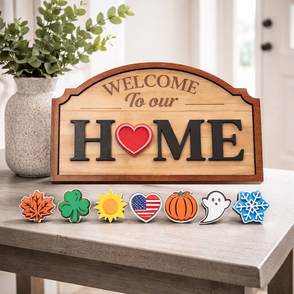 Welcome to Our Home Interchangeable Sign | Seasonal & Everyday Decor with Changeable Icons