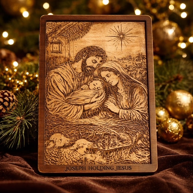Joseph Holding Baby Jesus Nativity Engraved Wood Sign – Unique Faith-Based Wall Decor