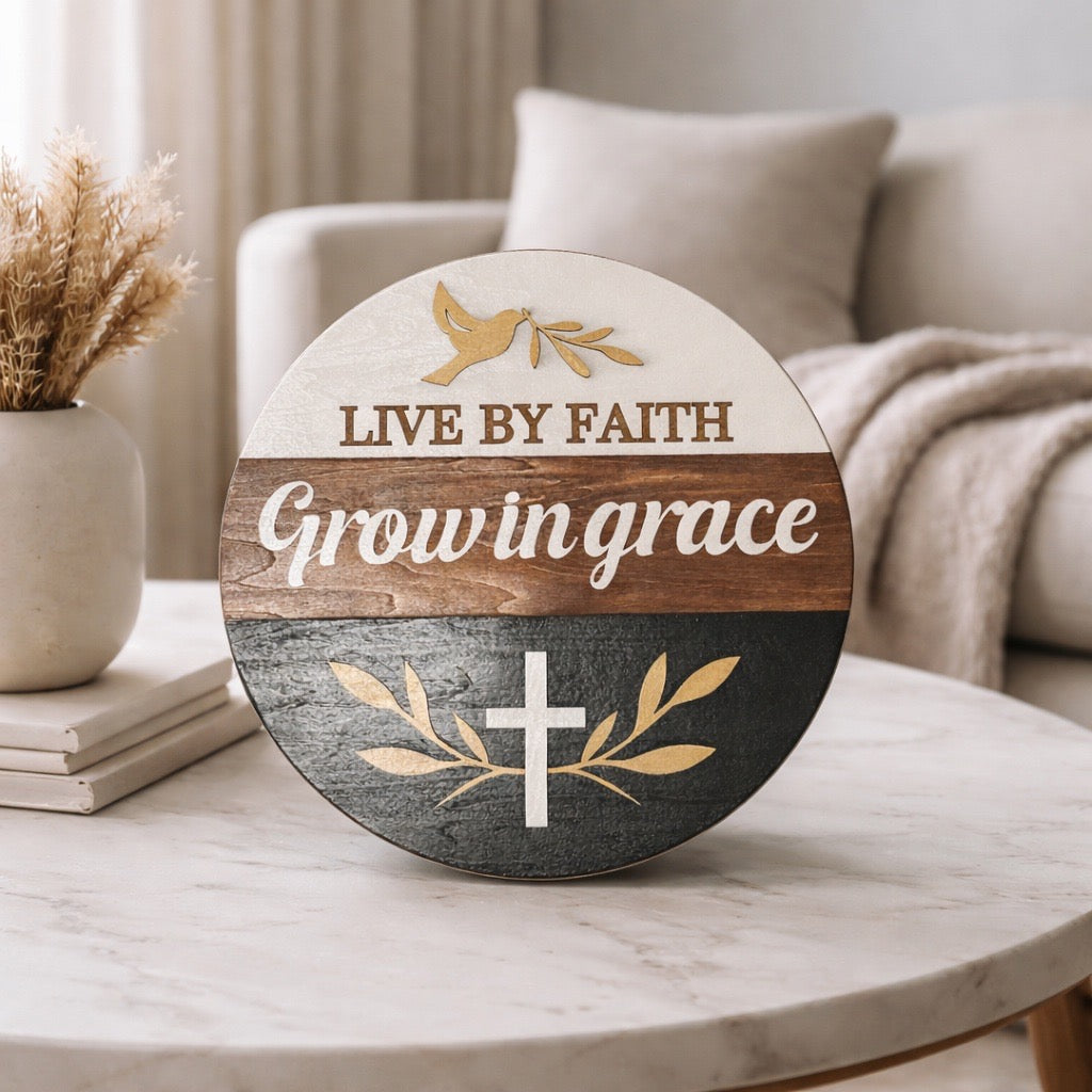 Live by Faith, Grow in Grace Round Sign – Layered Christian Wall Décor with Dove & Cross