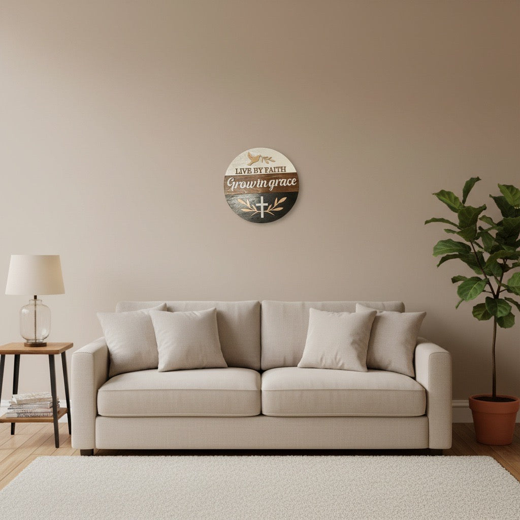 Live by Faith, Grow in Grace Round Sign – Layered Christian Wall Décor with Dove & Cross