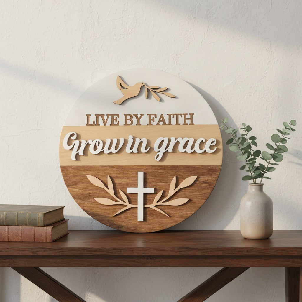 Live by Faith, Grow in Grace Round Sign – Layered Christian Wall Décor with Dove & Cross