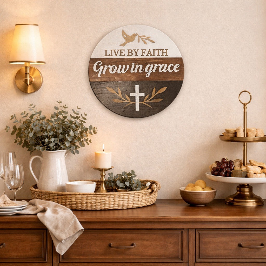 Live by Faith, Grow in Grace Round Sign – Layered Christian Wall Décor with Dove & Cross