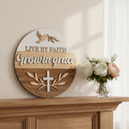 Live by Faith, Grow in Grace Round Sign – Layered Christian Wall Décor with Dove & Cross