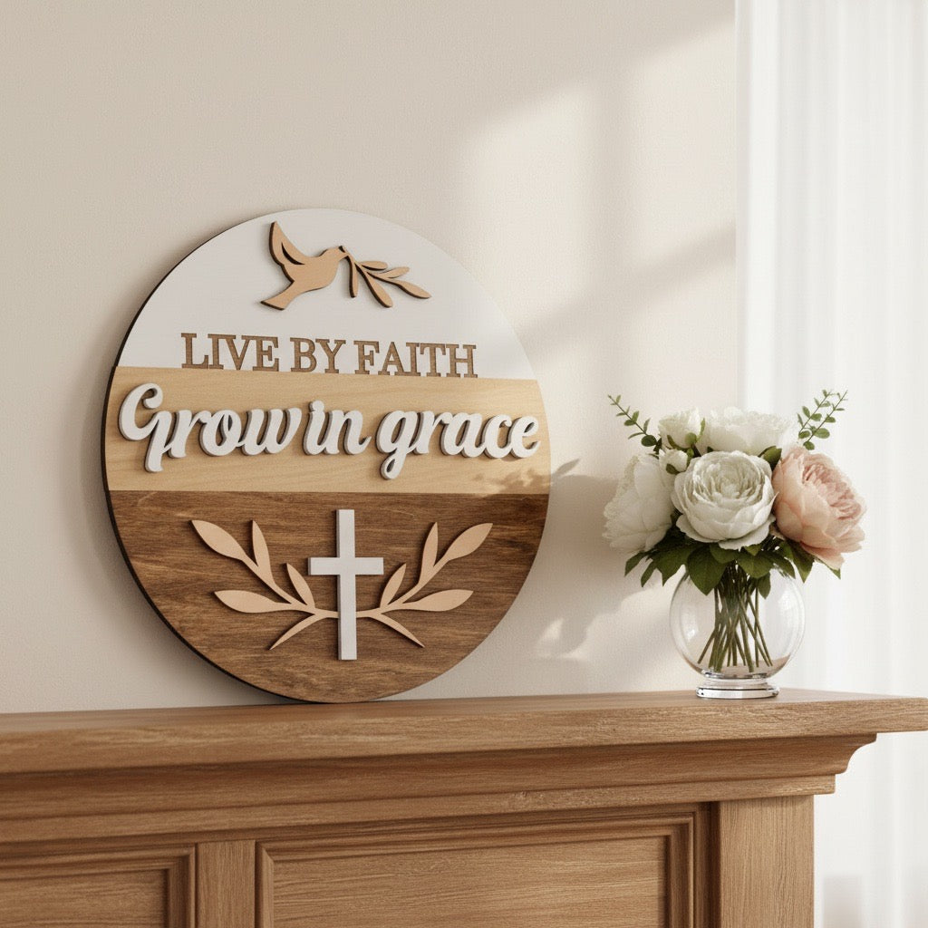 Live by Faith, Grow in Grace Round Sign – Layered Christian Wall Décor with Dove & Cross