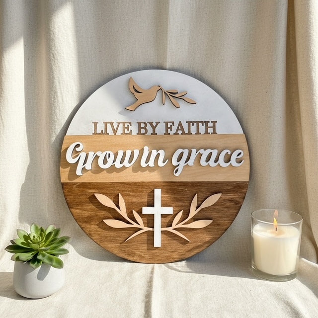 Live by Faith, Grow in Grace Round Sign – Layered Christian Wall Décor with Dove & Cross
