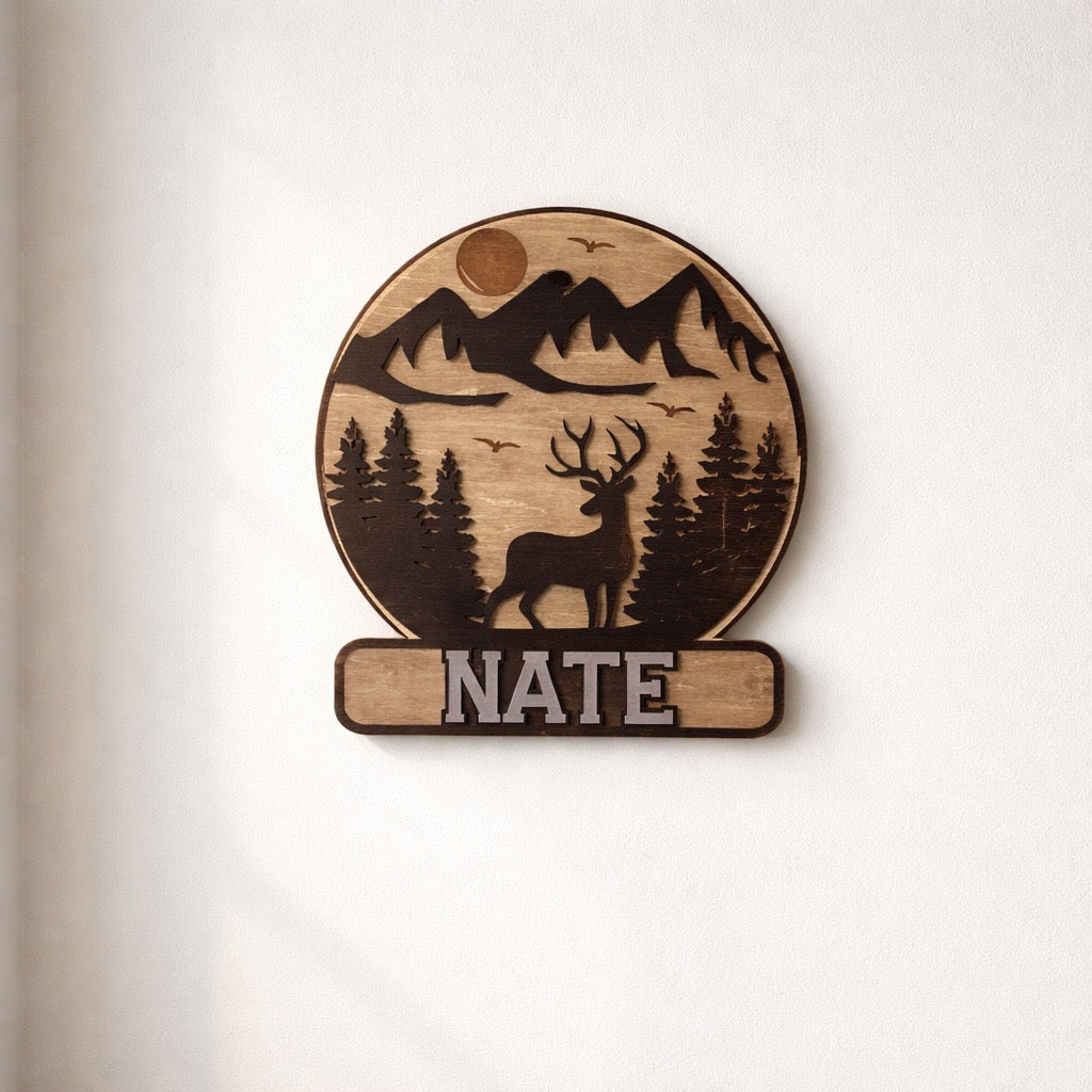 Personalized - Moon & Mountain Deer Sign - Round Rustic Woodland Decor