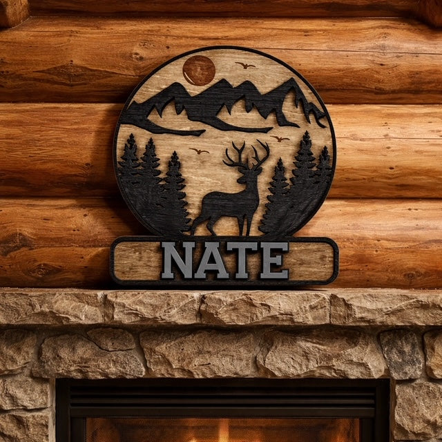 Personalized - Moon & Mountain Deer Sign - Round Rustic Woodland Decor