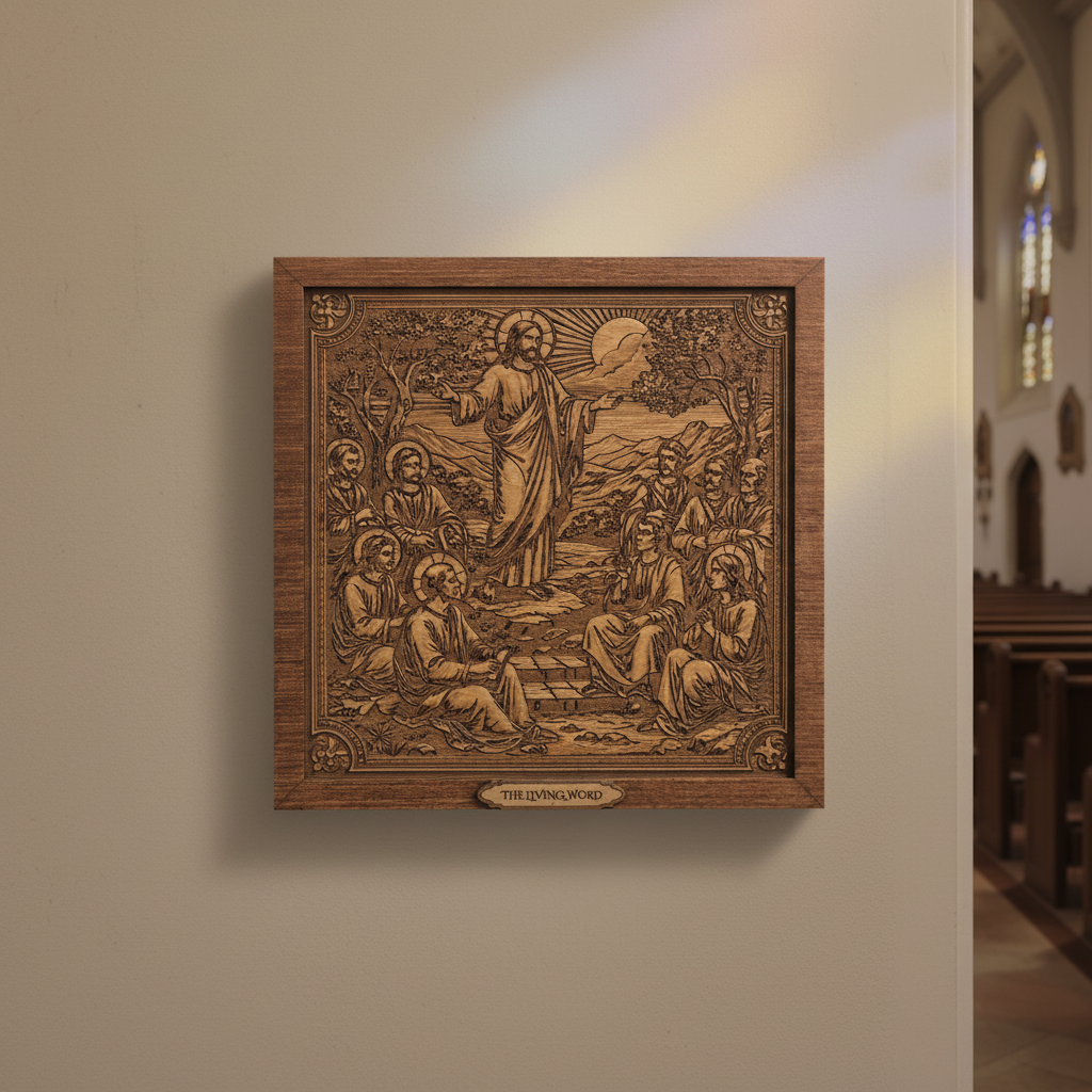 The Living Word – 3D Christian Engraved Wood Wall Decor – Jesus Teaching Disciples – 11x11 Faith-Based Art – Kindred Oak Creations Original